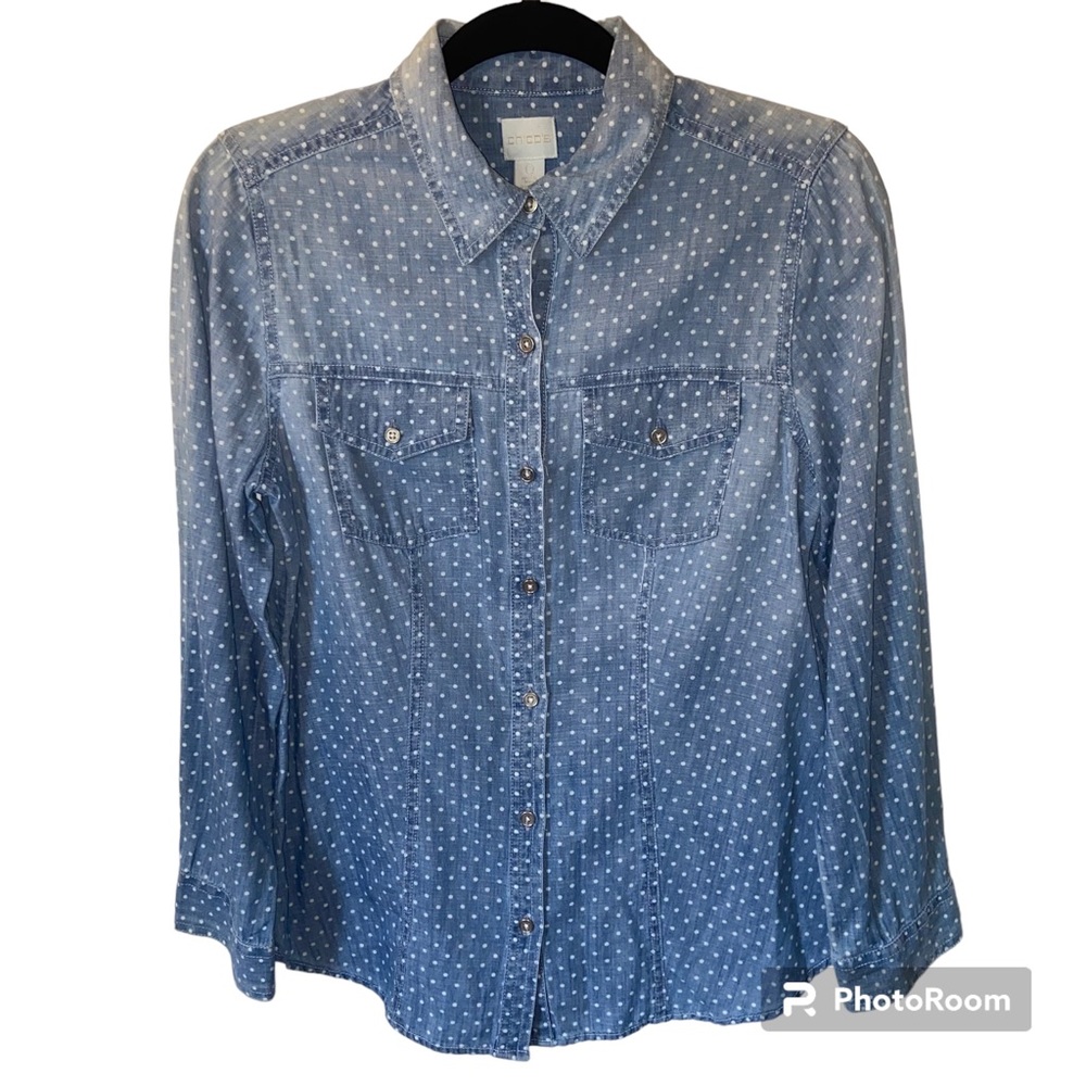 Chico’s Top Women’s 0(S) Blue Polka Dot Cotton Chambray Button Down Shirt Top